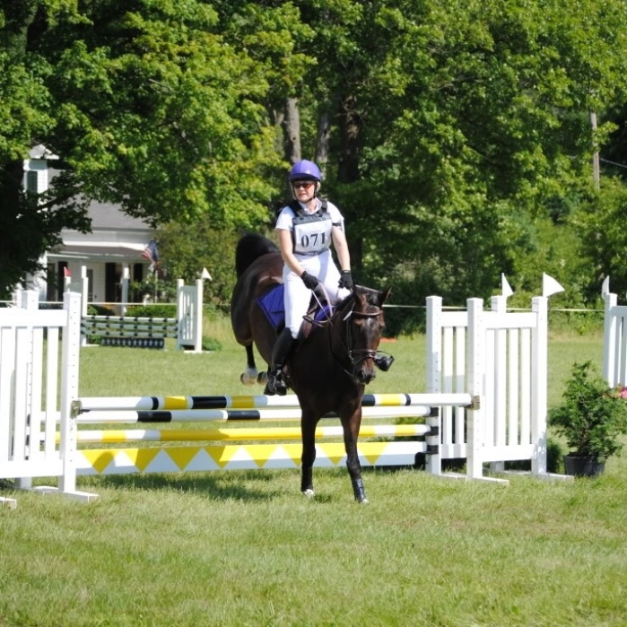 Woman riding a horse jumping an obstacle