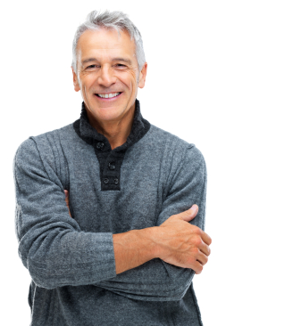 Portrait of smiling senior man with hands folded isolated on white background
